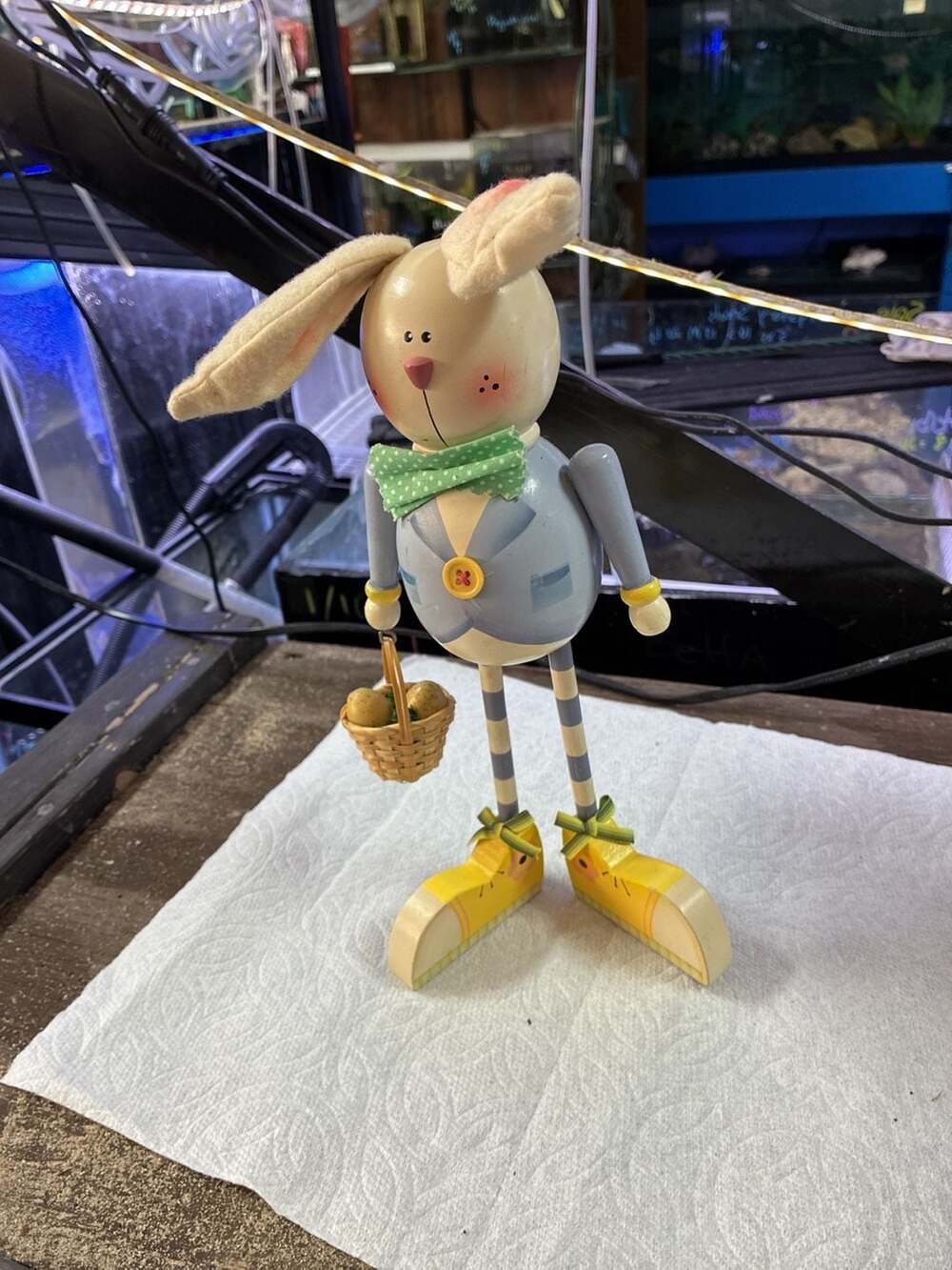 Wooden Easter Bunny Figurine with Blue Suit Bowtie and Basket of Eggs